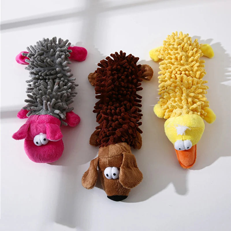 Durable plush squeaky dog chew toy in animal shape for small breeds like Chihuahua, Yorkie, and Bichon from FanzyMarket.