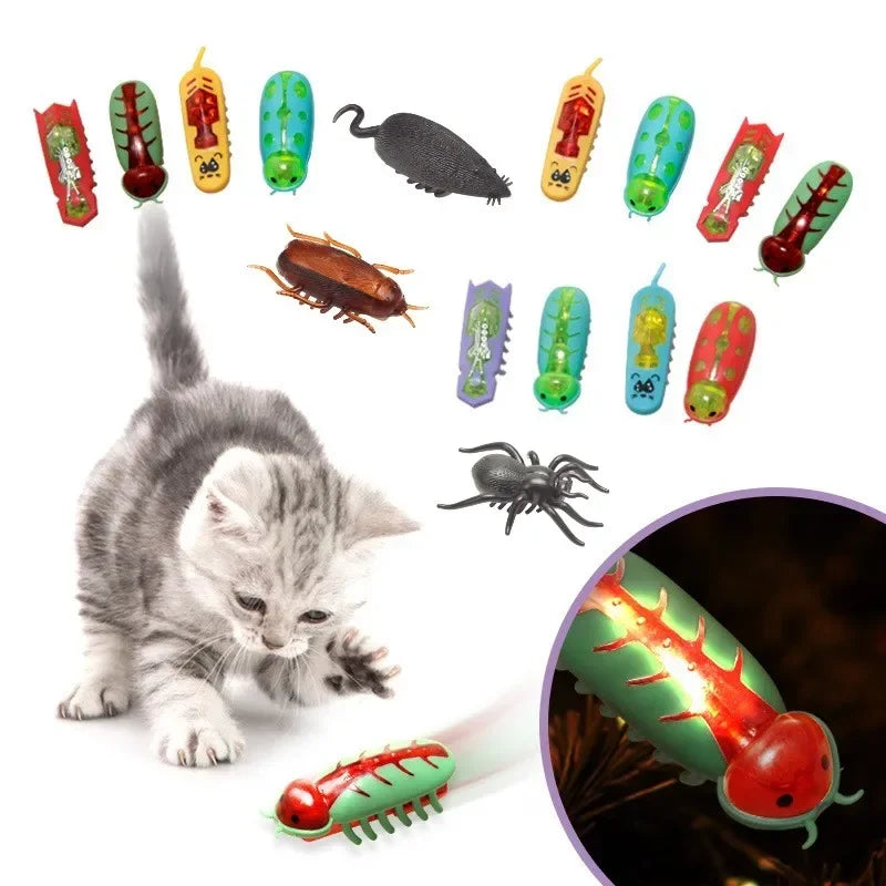 FanzyMarket interactive battery-operated green and black kitten bug toy with vibration and obstacle avoidance, stimulates playful kitten activity.