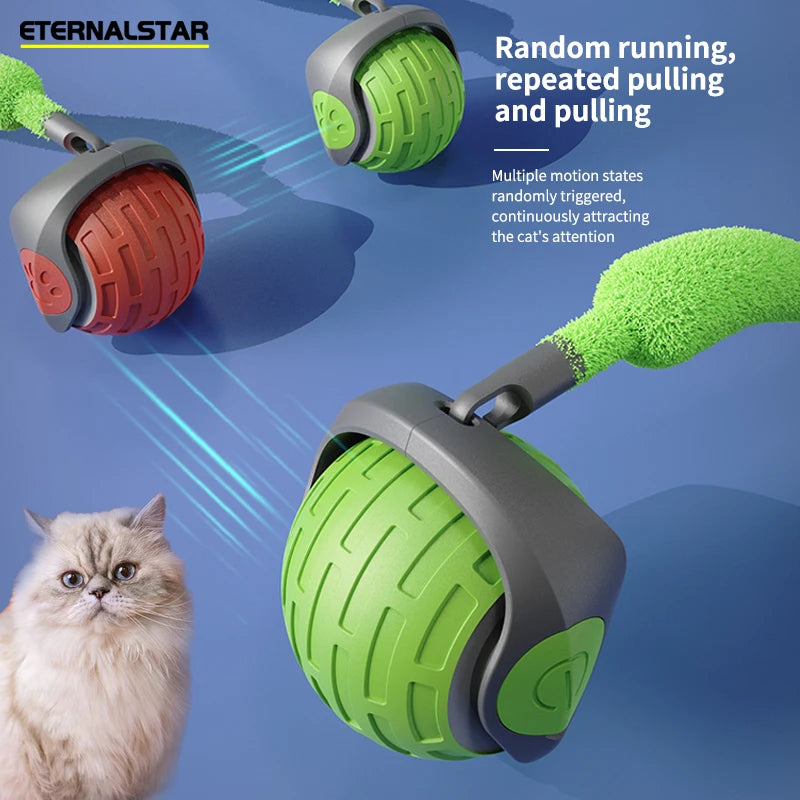 FanzyMarket interactive automatic rolling ball cat toy for kittens and cats, battery-powered self-playing teaser in green.