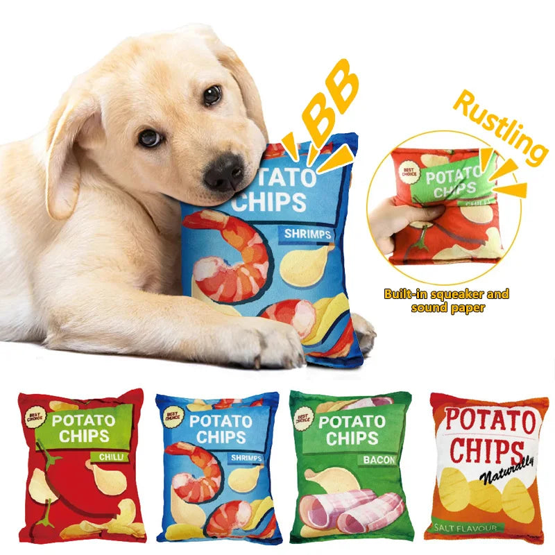 FanzyMarket plush Crisps squeaky dog toy for small and medium dogs, bite-resistant with crunchy sound, soft green plush material.