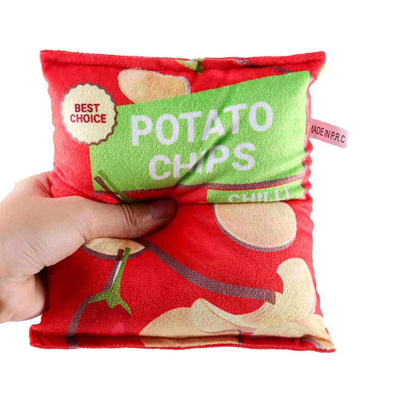 FanzyMarket plush Crisps squeaky dog toy in green, bite-resistant with crunch sound for small and medium dogs.