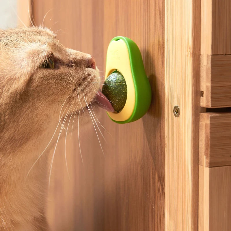 FanzyMarket rotating stick-on catnip ball toy with avocado design, licks and cleans cats' teeth, 6 x 4.6 cm pet toy.