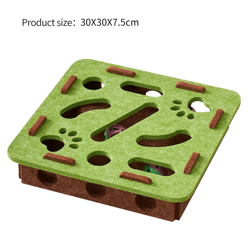 FanzyMarket interactive green felt cat puzzle toy with maze tunnel, bell ball, and enrichment features for indoor cats.