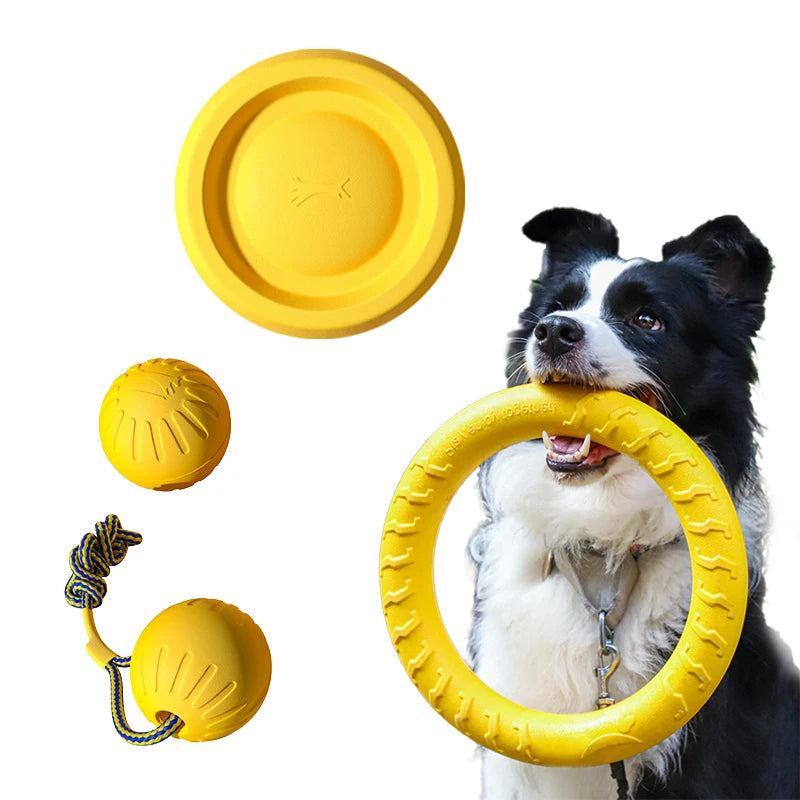 FanzyMarket EVA dog toys 4-pack with flying disc, ball, and tug rope set for puppies and adult dogs, chew-proof and teeth cleaning.