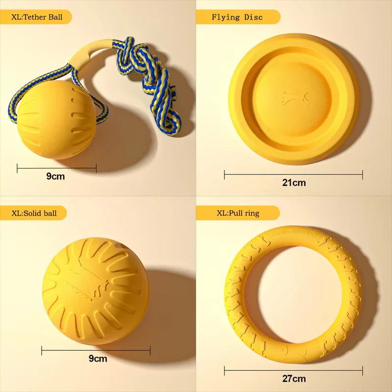 FanzyMarket EVA dog toys 4-pack with flying disc, ball, and tug rope set for puppies and adult dogs, chew-proof and teeth cleaning.