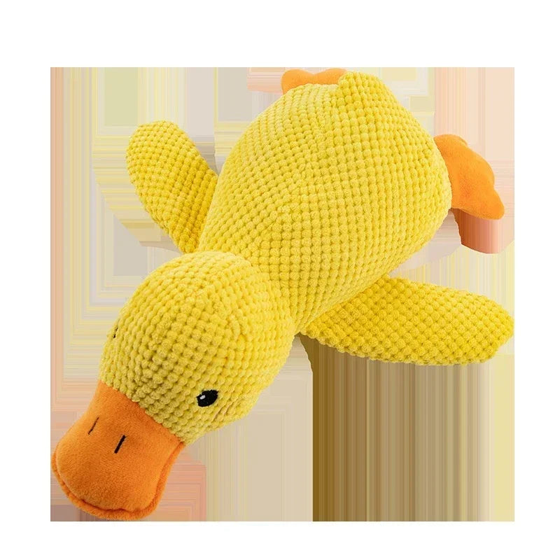 FanzyMarket plush duck dog toy with squeaker, bite-resistant material, designed for dogs' teeth grinding and chewing fun.