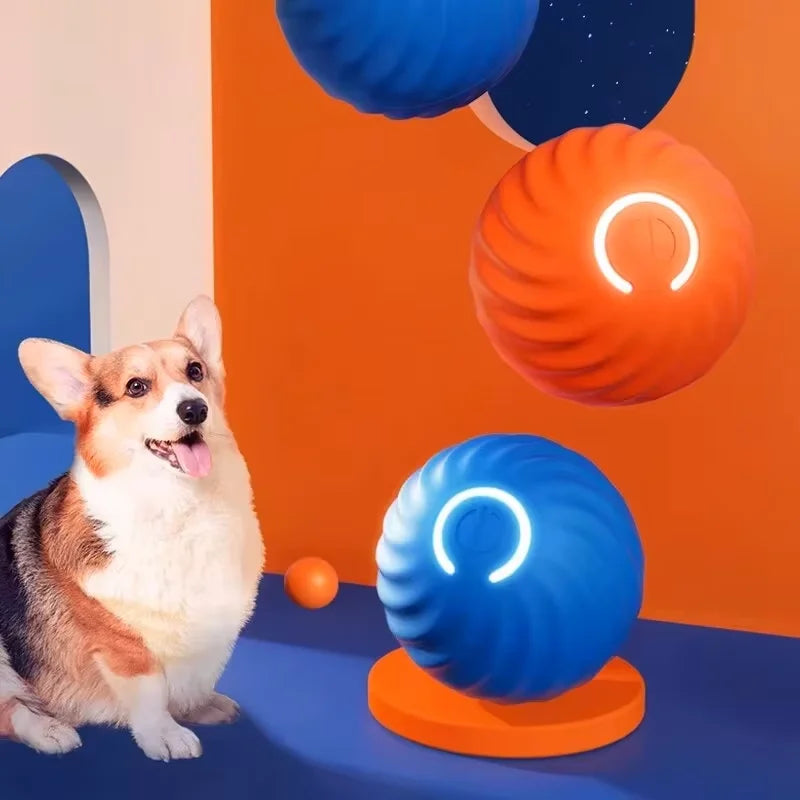 Orange rechargeable gravity jump ball for cats and dogs, bite-resistant, auto-rolling chase toy, 2.05 inches in size.