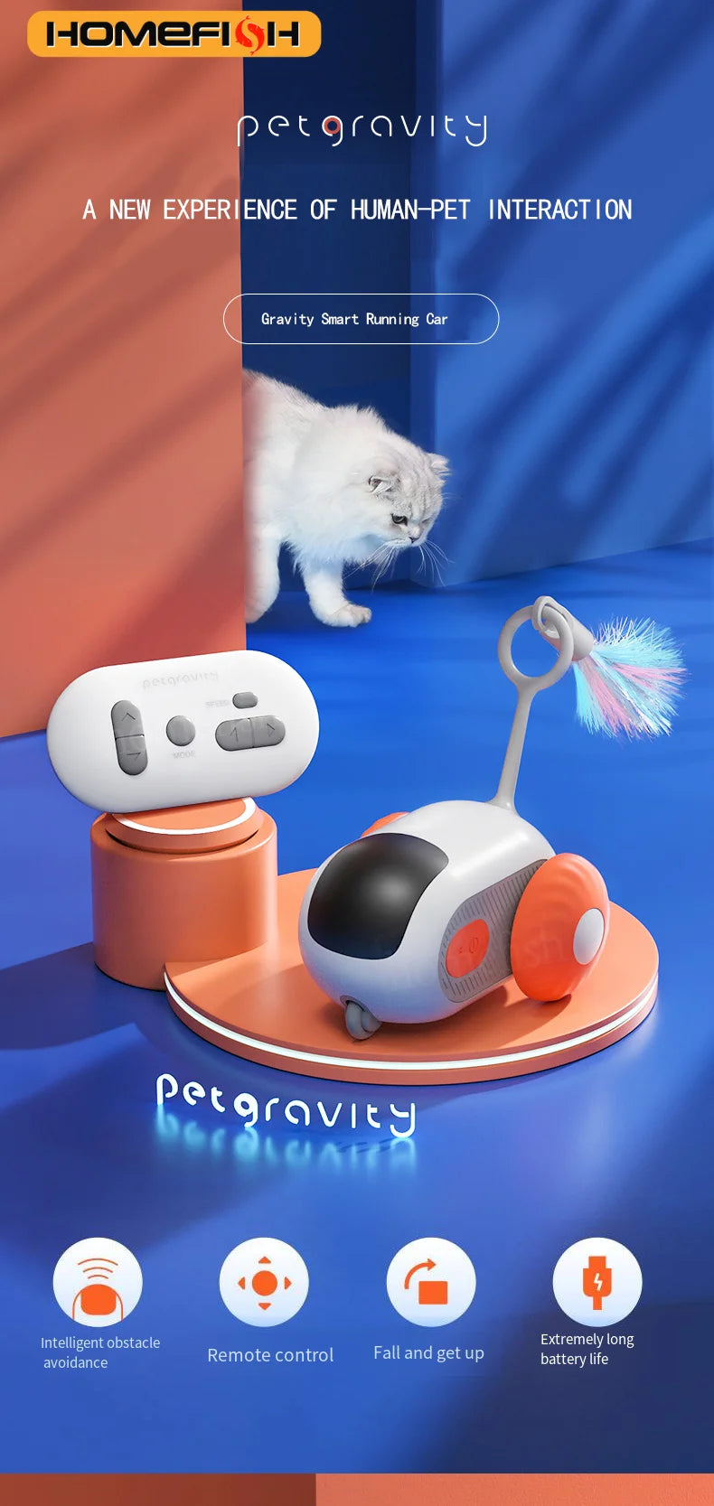 FanzyMarket interactive remote control cat toy car in orange with two moving modes, designed for cats and small dogs.