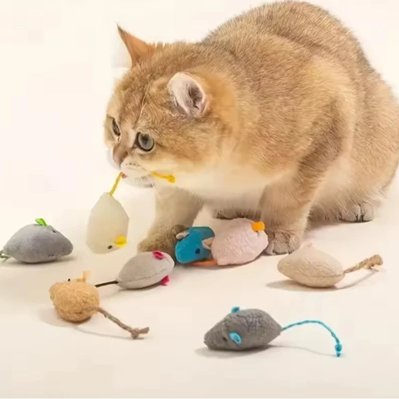 Set of 7 colorful plush cat toys including mice and rats from FanzyMarket, made of durable linen for indoor play.