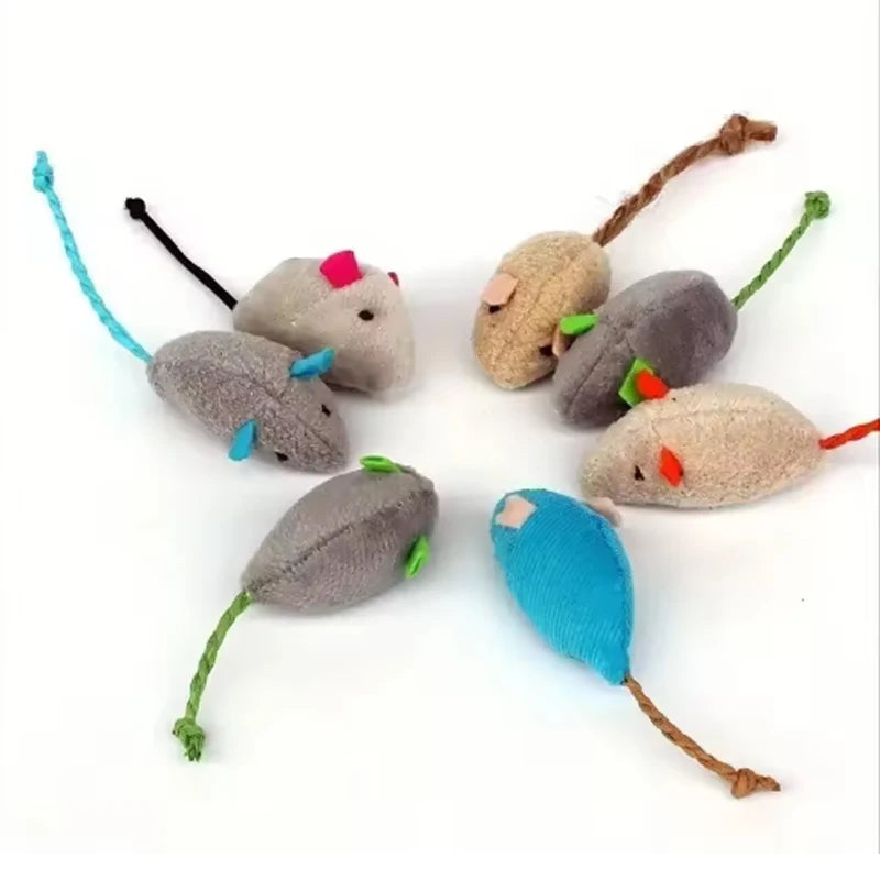 Colorful plush cat toys in mouse and rat shapes from FanzyMarket, made of durable linen for indoor play. 3 to 7-pack.