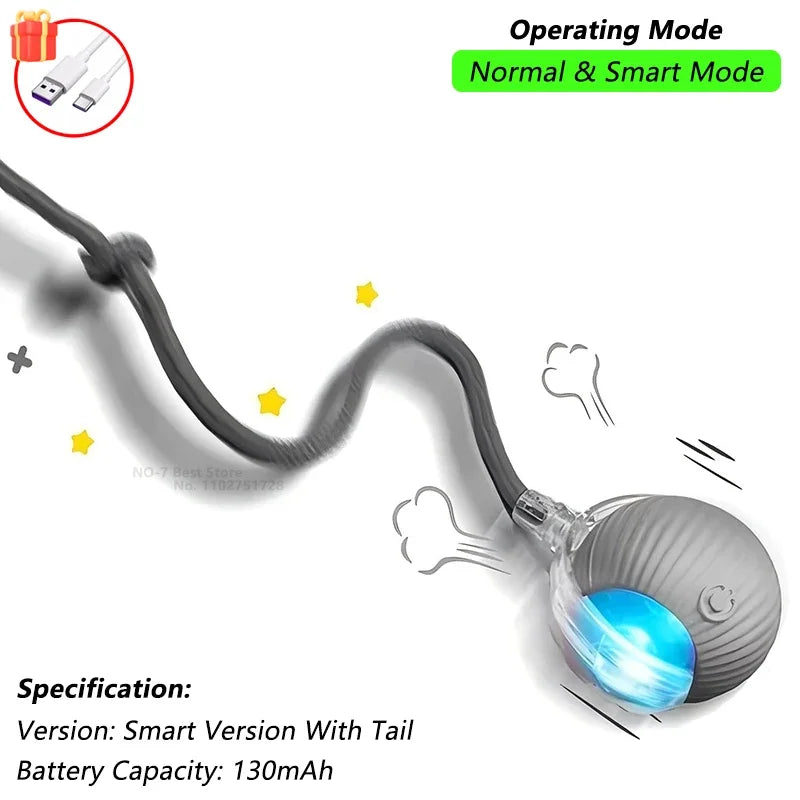 FanzyMarket rechargeable interactive cat ball toy with LED, tail, and obstacle avoidance, designed for engaging feline play.