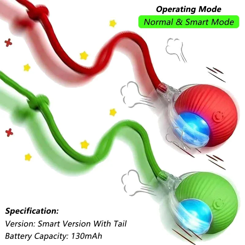 Rechargeable interactive cat ball toy by FanzyMarket with LED lights, tail, and obstacle avoidance for engaging pet play.