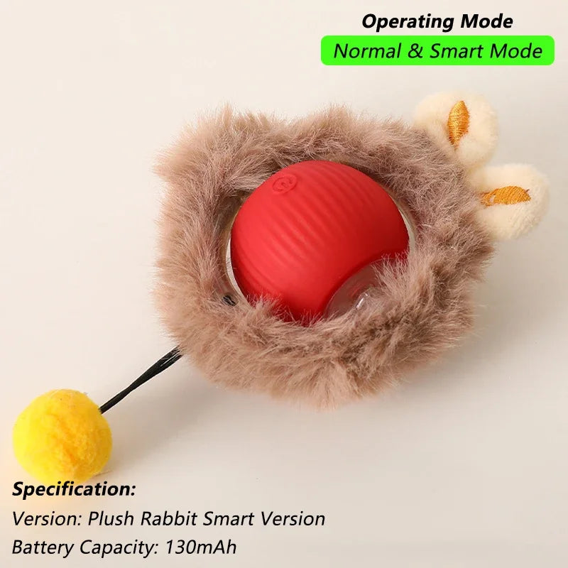 FanzyMarket rechargeable interactive cat ball toy with LED, plush exterior, tail, and obstacle avoidance for engaging pet play.