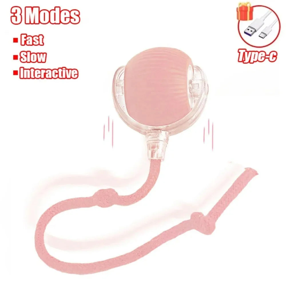 Red plush interactive rechargeable rolling cat ball with faux tail, designed for cats and small dogs, by FanzyMarket.