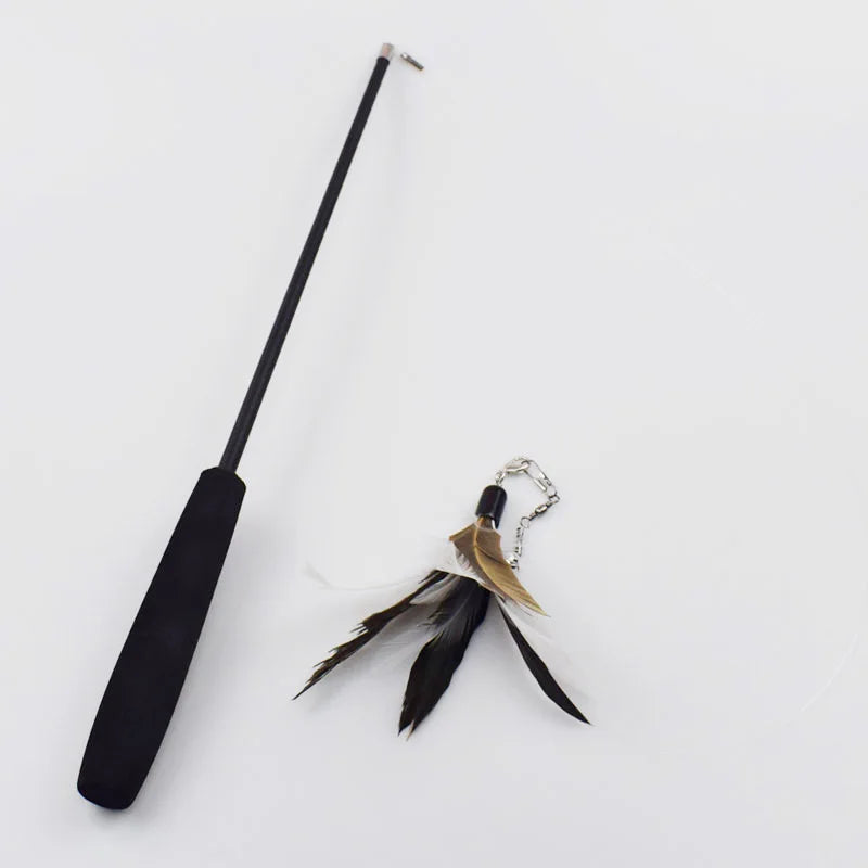 FanzyMarket interactive cat feather teaser wand with retractable 15-38 inch length, 5 refill heads, and a bell for playful feline entertainment.