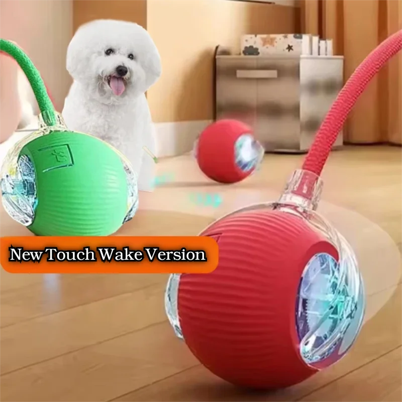 Red rechargeable interactive rolling ball toy for dogs and cats with sound, obstacle avoidance, and touch wake-up features by FanzyMarket.