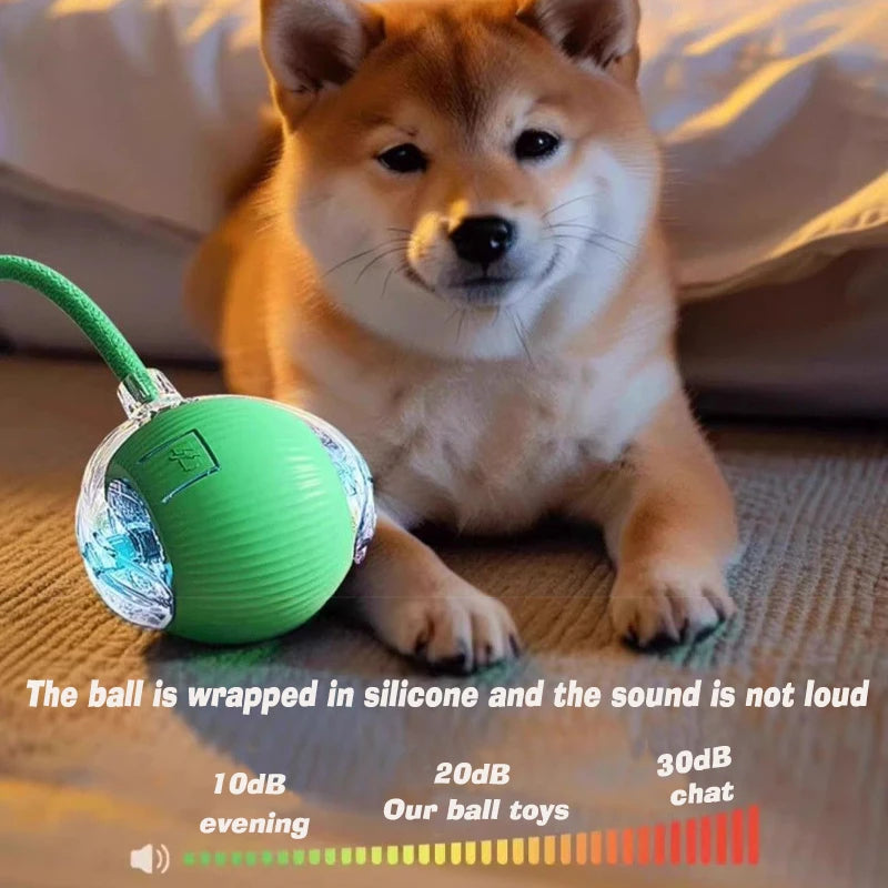 Red rechargeable interactive pet toy ball for dogs and cats, with sound, obstacle avoidance, and smart motion features by FanzyMarket.