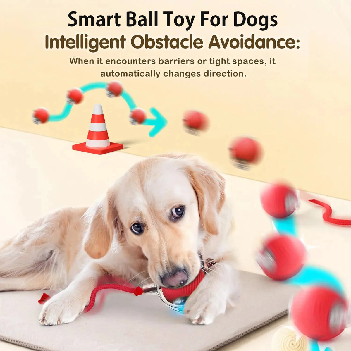 Red rechargeable interactive rolling ball toy for dogs and cats with sound, obstacle avoidance, and automatic movement by FanzyMarket.