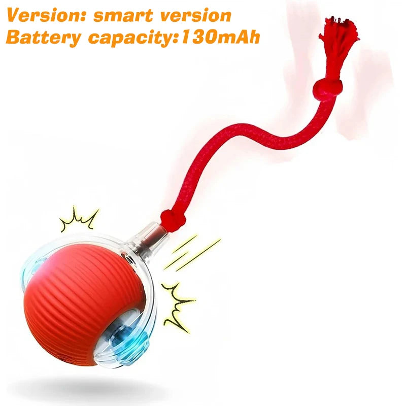 Red rechargeable interactive rolling pet toy from FanzyMarket, with sound, touch wake-up, and obstacle avoidance for dogs and cats.