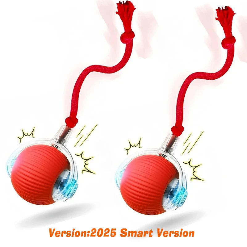 Red rechargeable interactive rolling pet toy by FanzyMarket with sound and obstacle avoidance for dogs and cats.