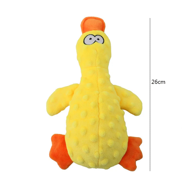 FanzyMarket plush duck squeaky dog toy with chew rope, bite-resistant design for dental cleaning and playful fun.