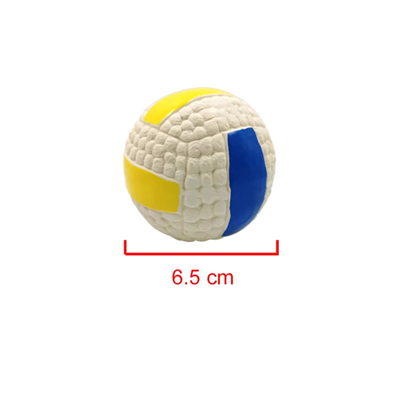 FanzyMarket dog squeaky latex ball chew toy in rugby, tennis, volleyball, football, and basketball shapes for dental cleaning and play.