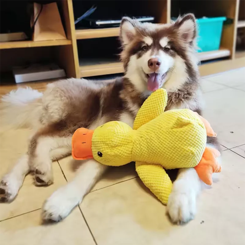 FanzyMarket plush duck dog toy with squeaker, designed for puppies, durable, calming, and teeth-cleaning pet squeaky chew toy.