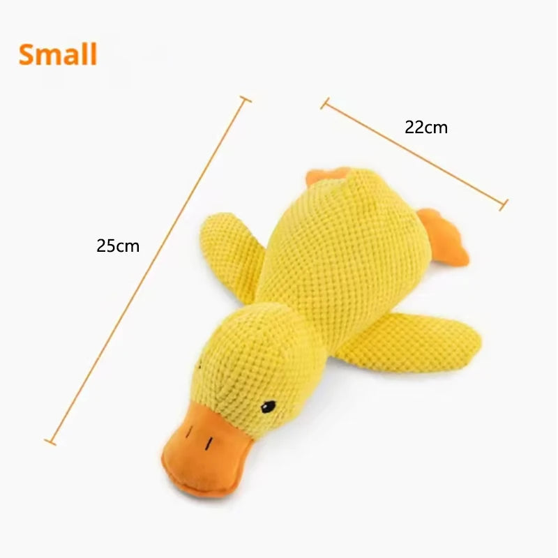 FanzyMarket plush duck dog toy with squeaker, designed for puppies, durable, calming, and teeth-cleaning pet toy in a soft plush material.