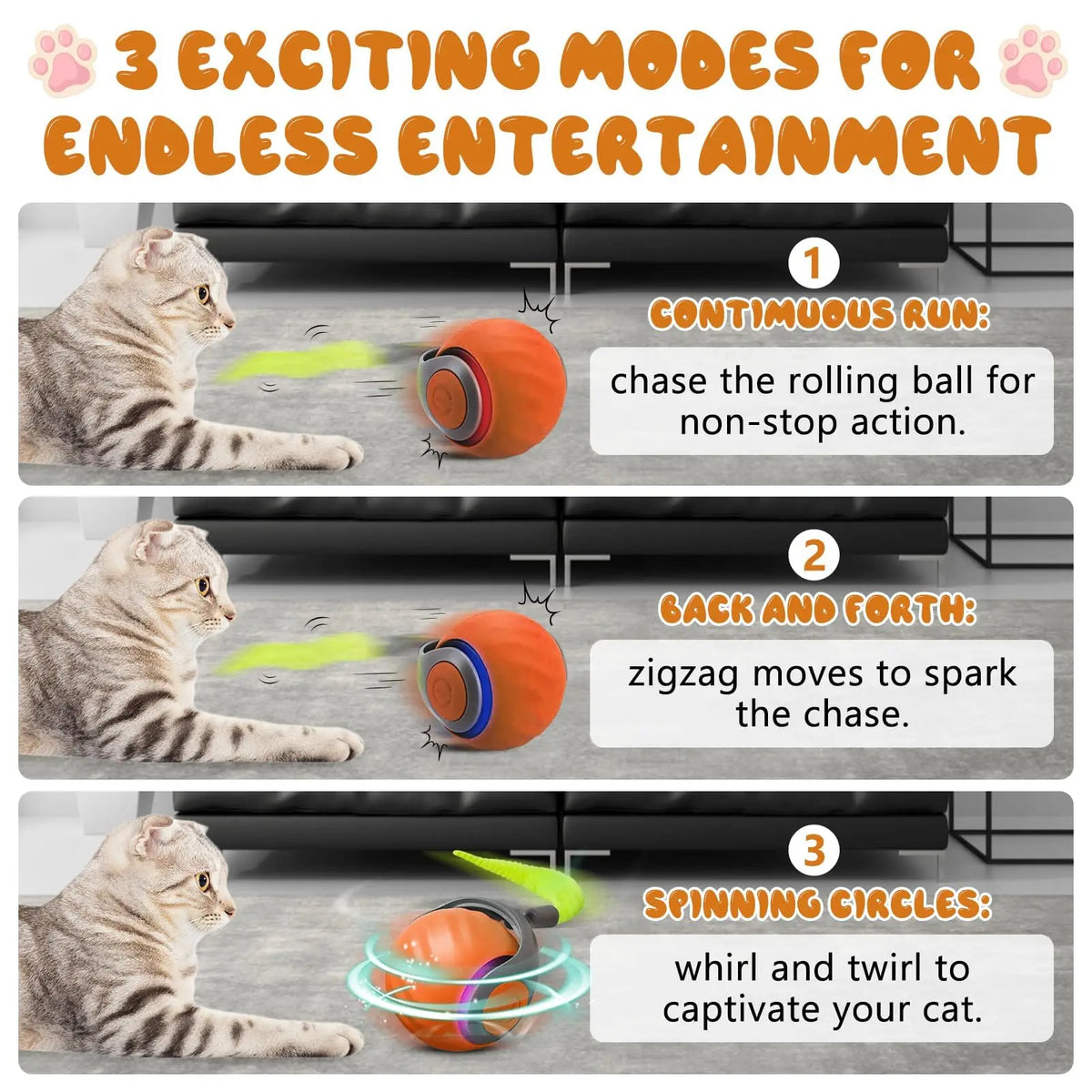Orange FanzyMarket interactive cat ball toy with tail, USB rechargeable, dual-speed automatic motion for playful cats.