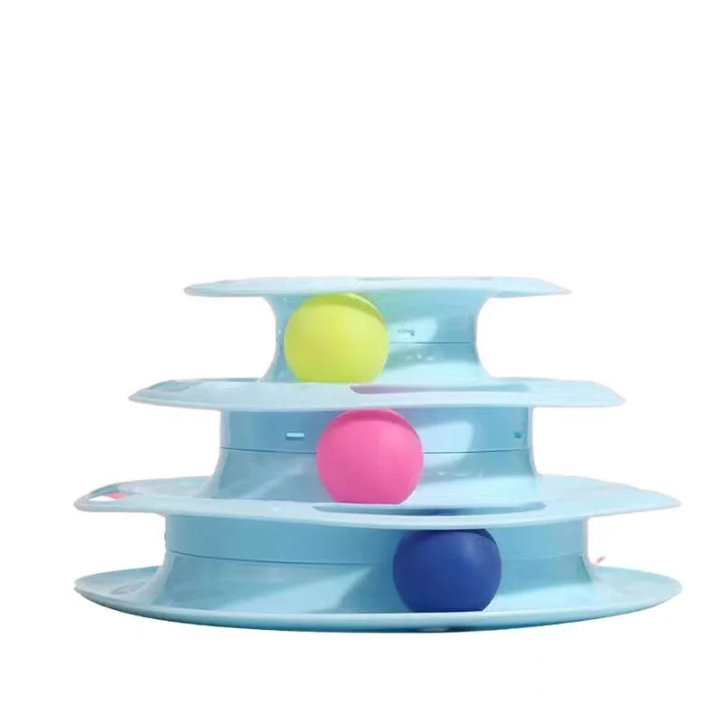 Blue FanzyMarket interactive cat turntable toy with three layers, spinning design for self-play and boredom relief for cats.