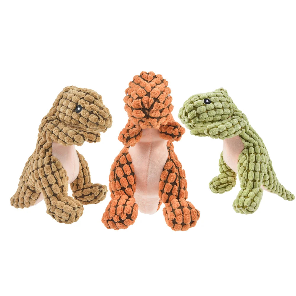 FanzyMarket plush dinosaur chew toy for dogs and cats, interactive fleece pet toy designed for small dogs and feline play.