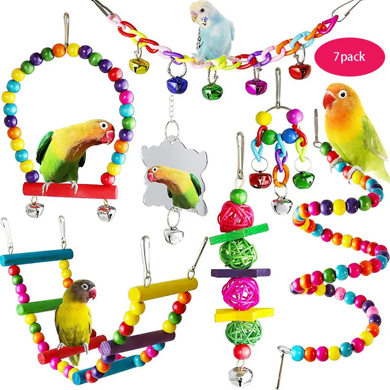 FanzyMarket 7-piece wooden parrot toy set with swing, ladder, bridge, and bells for bird cage enrichment and entertainment.