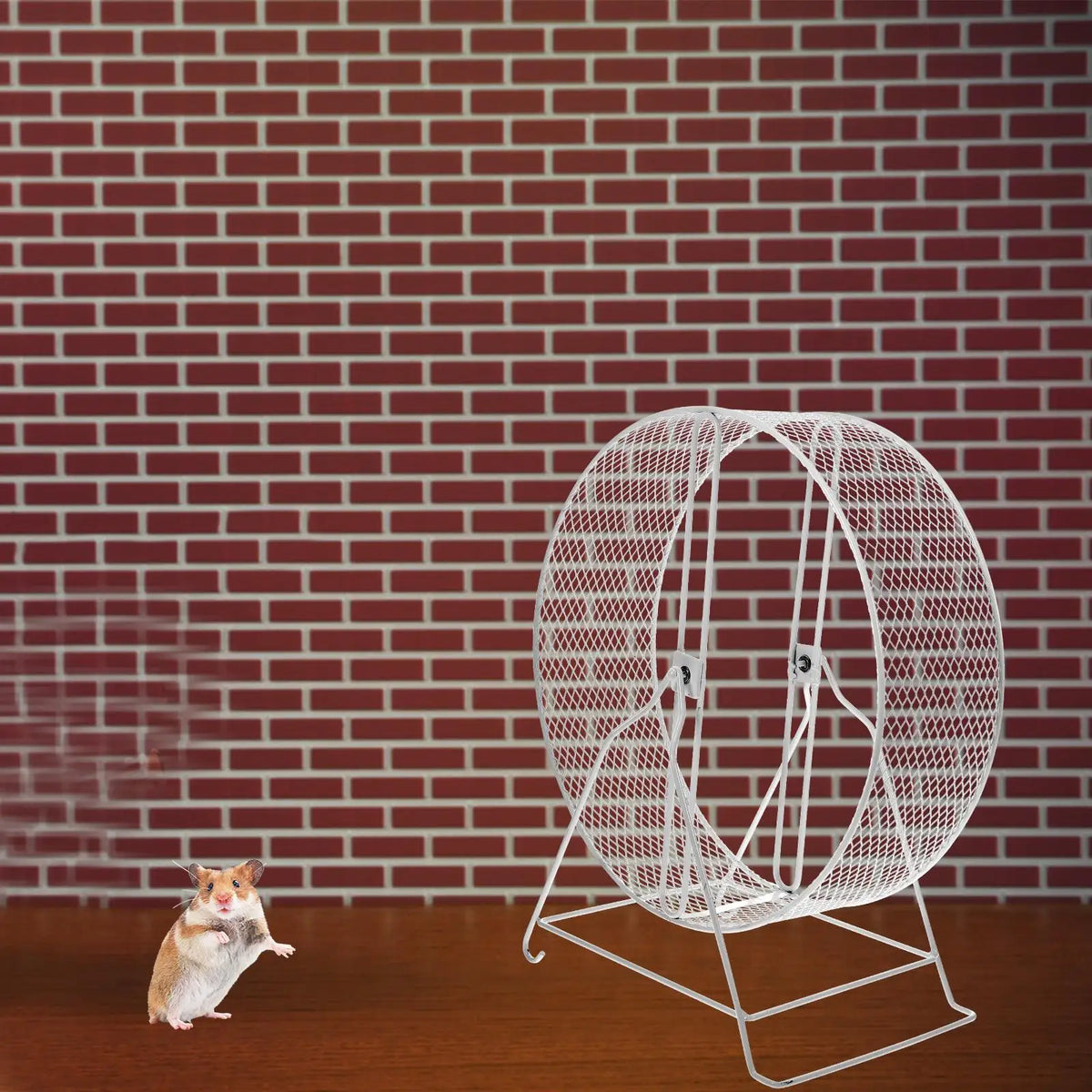 FanzyMarket silent iron hamster exercise wheel with stand, small pet running wheel, designed for quiet indoor activity.