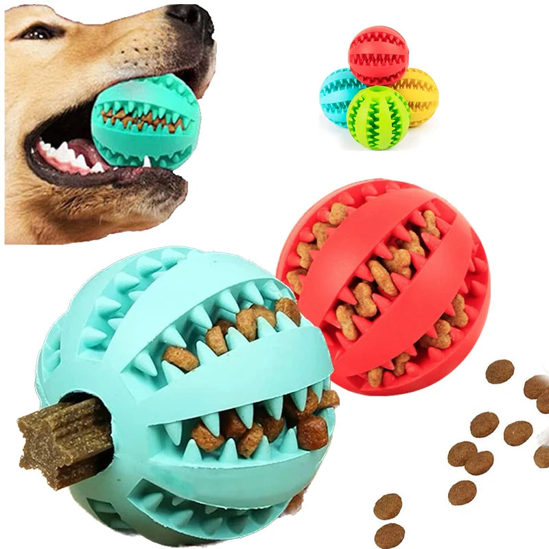 Yellow FanzyMarket interactive rubber chew ball for dogs and cats, treat dispenser and tooth-cleaning puppy toy in 5cm and 7cm sizes.
