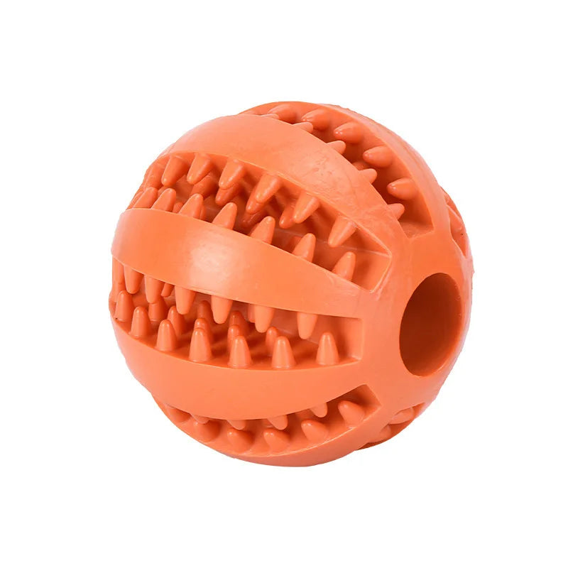 Yellow interactive rubber chew ball for dogs and cats, treat dispenser and tooth-cleaning pet toy in 5cm and 7cm sizes.