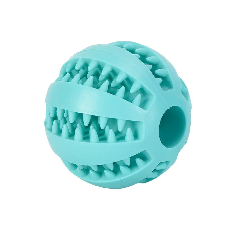 Yellow FanzyMarket interactive rubber chew ball for dogs and cats, treat dispenser and tooth-cleaning puppy toy, available in 5cm and 7cm sizes.