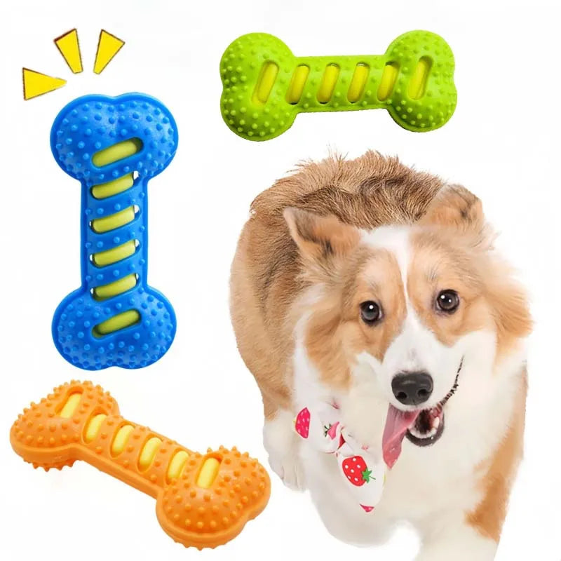 Yellow squeaky dog chew toy by FanzyMarket, bite-resistant puppy toothbrush for teeth cleaning and massage, 7.5 x 3.5 inches.