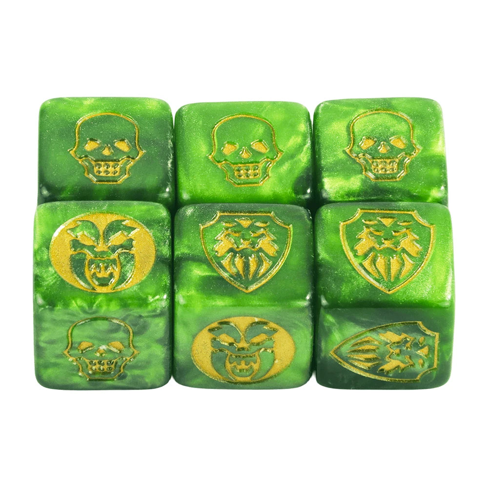 Six-pack of 16mm D6 game dice in transparent, opaque, and marble colors for board games and tabletop RPGs by FanzyMarket.