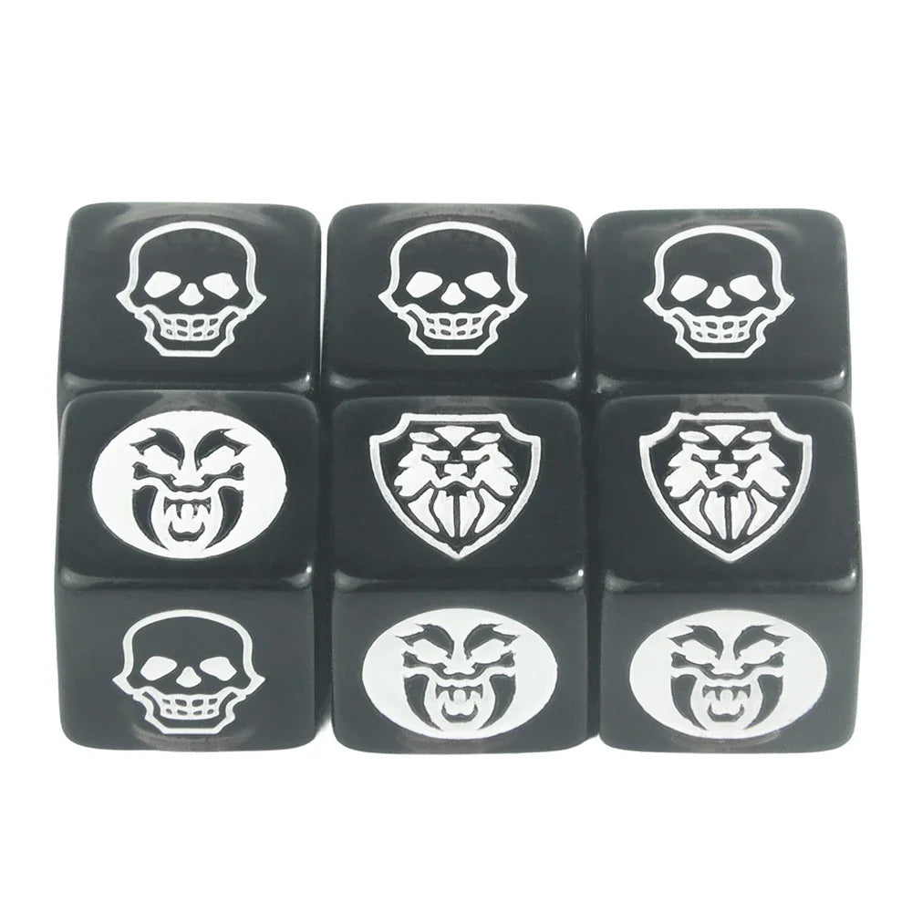 Six-pack of 16mm D6 game dice from FanzyMarket in transparent, opaque, and marble colors for board games and tabletop RPGs.