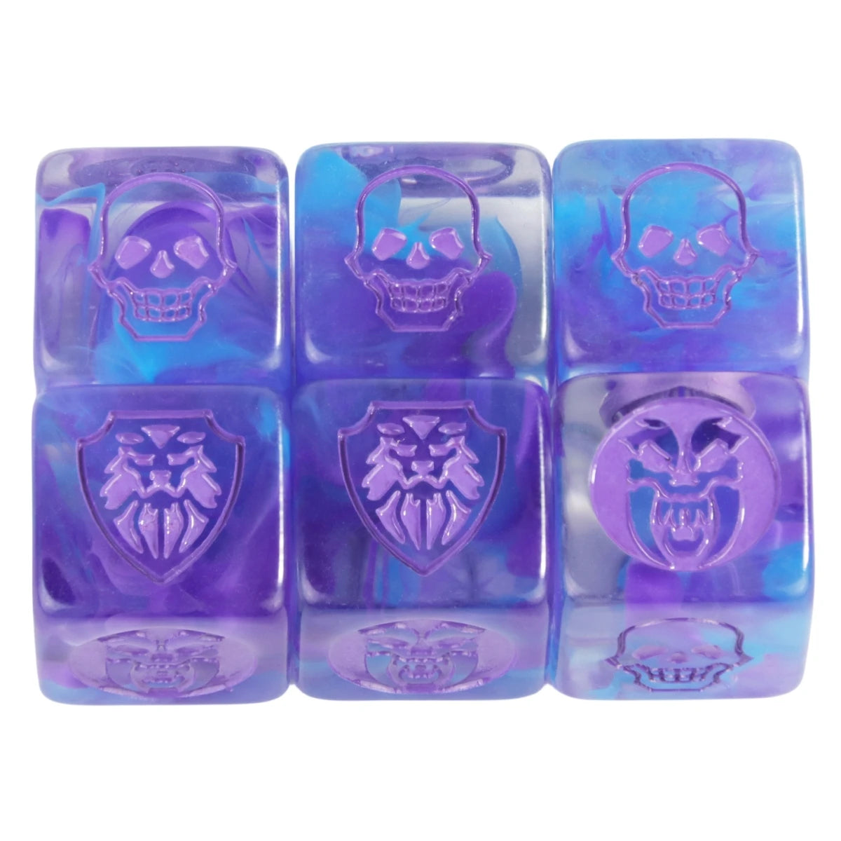 Six-pack of 16mm D6 game dice in transparent, opaque, and marble colors for board games and tabletop RPGs by FanzyMarket.