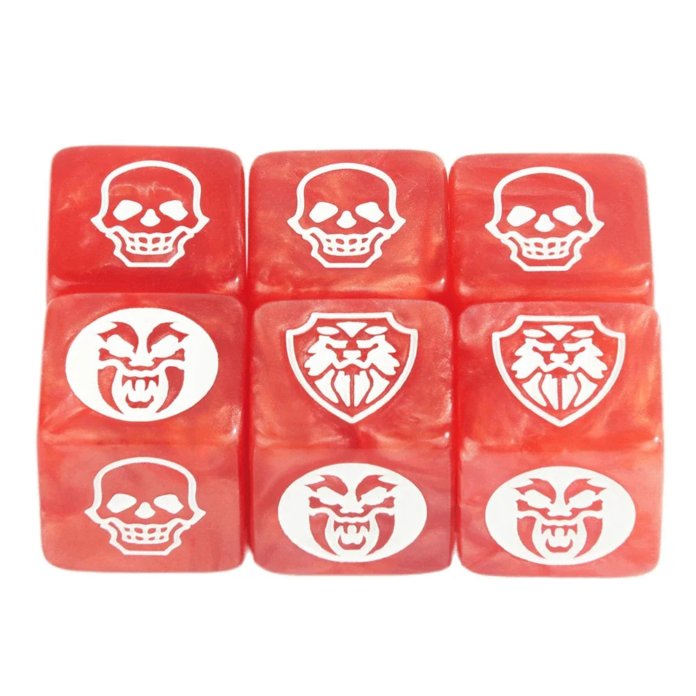 Six-pack of 16mm FanzyMarket D6 game dice in transparent, opaque, and marble colors for board games and tabletop RPGs.