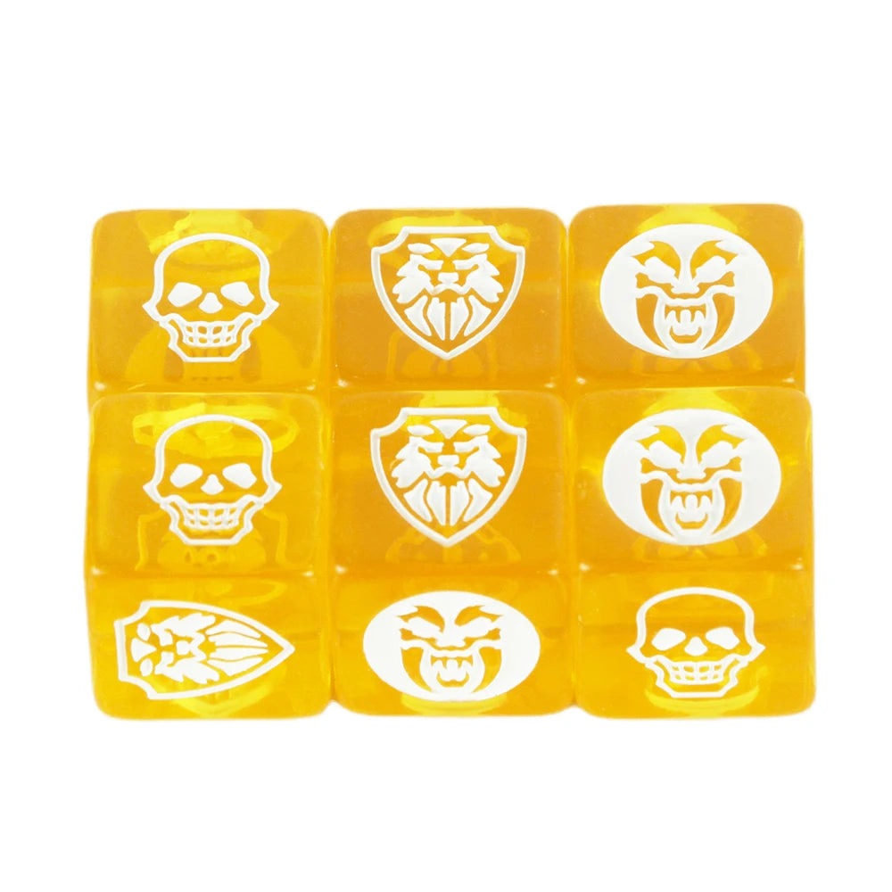 Six 16mm D6 game dice in transparent, opaque, and marble colors by FanzyMarket for board games and tabletop RPGs.