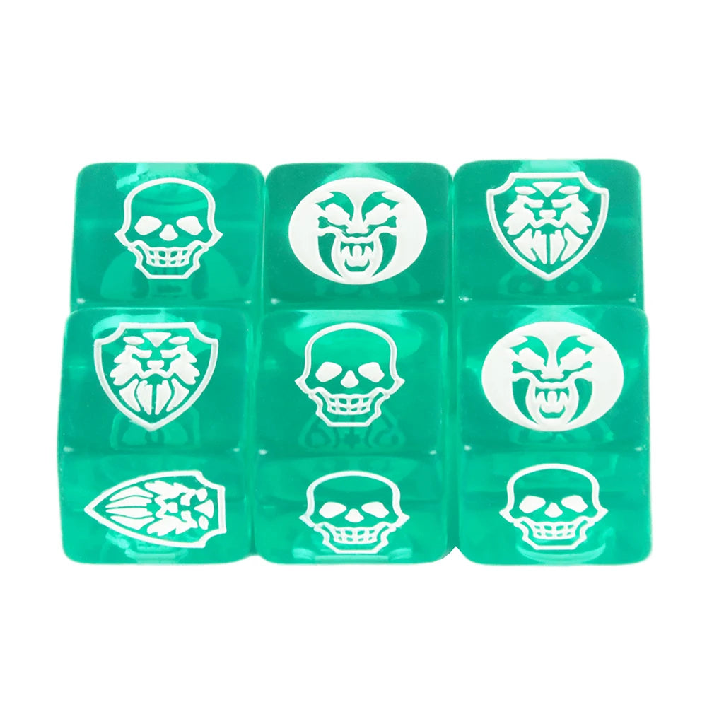 Six 16mm FanzyMarket D6 game dice in transparent, opaque, and marble colors for board games and tabletop RPGs.