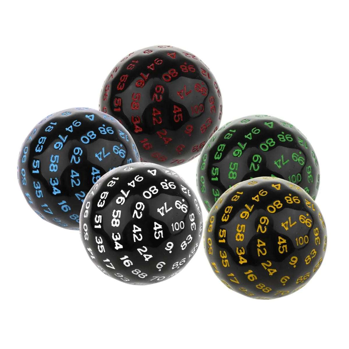 Acrylic 100-sided D100 polyhedral RPG dice, 48mm, used for tabletop games, with vibrant colors and engraved number markings.