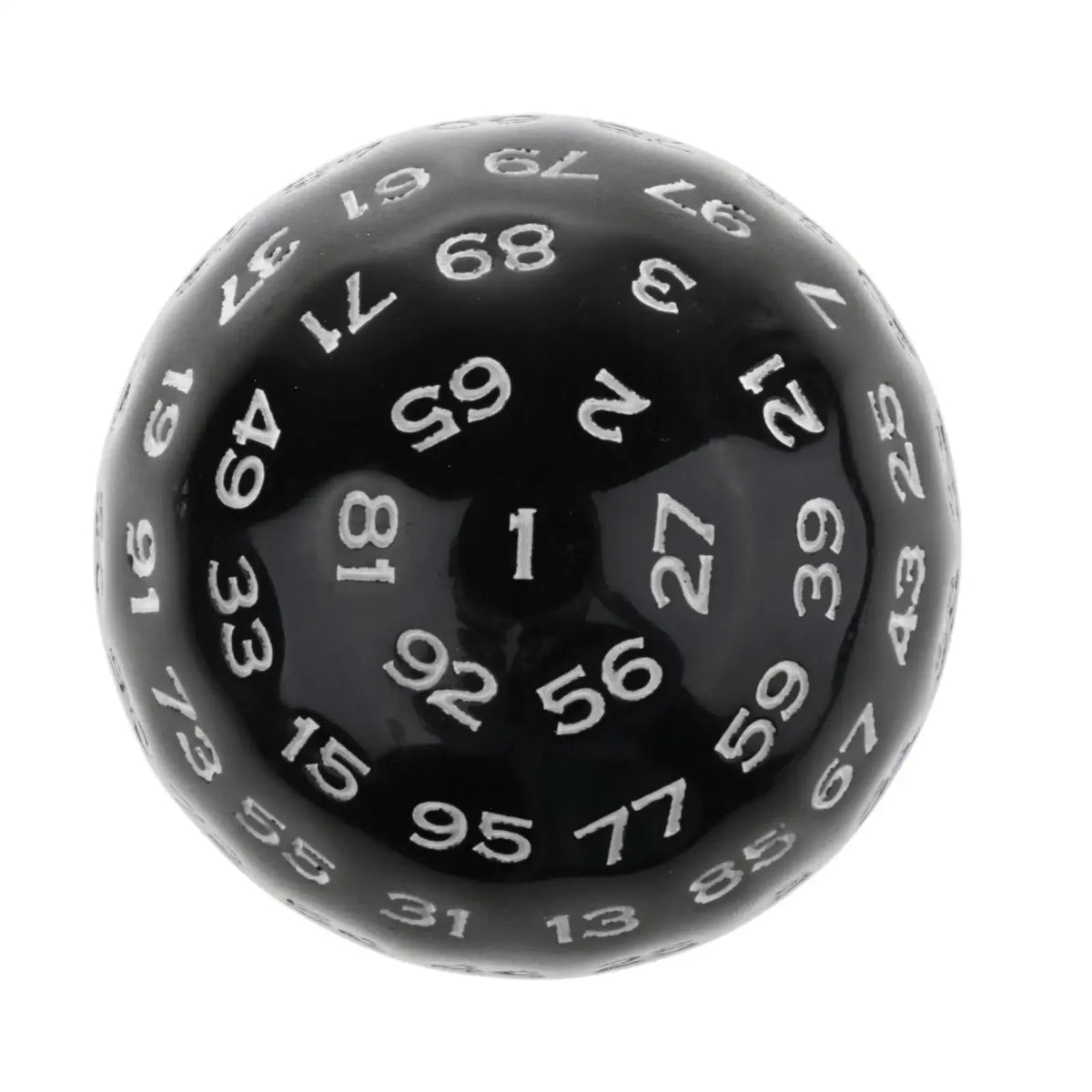 Acrylic 100-sided D100 polyhedral dice for tabletop RPG games, 48mm size, with clear, vibrant colors and numbered faces.