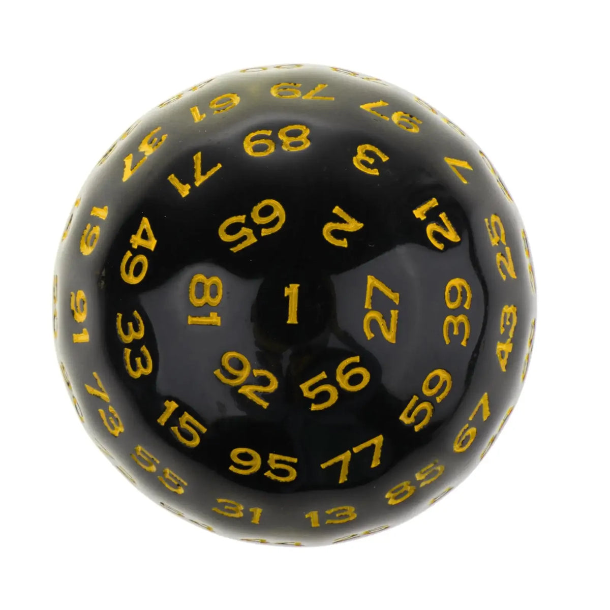 Acrylic 100-sided D100 polyhedral dice for tabletop RPG games, 48mm size, clear design with numbered faces.