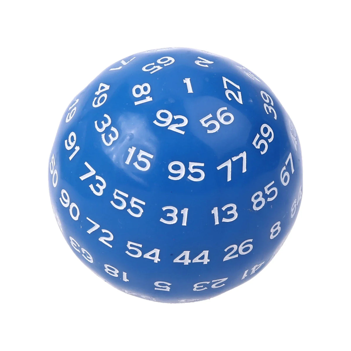 Acrylic 100-sided D100 polyhedral RPG dice from FanzyMarket, 48mm, used for tabletop board and card games.
