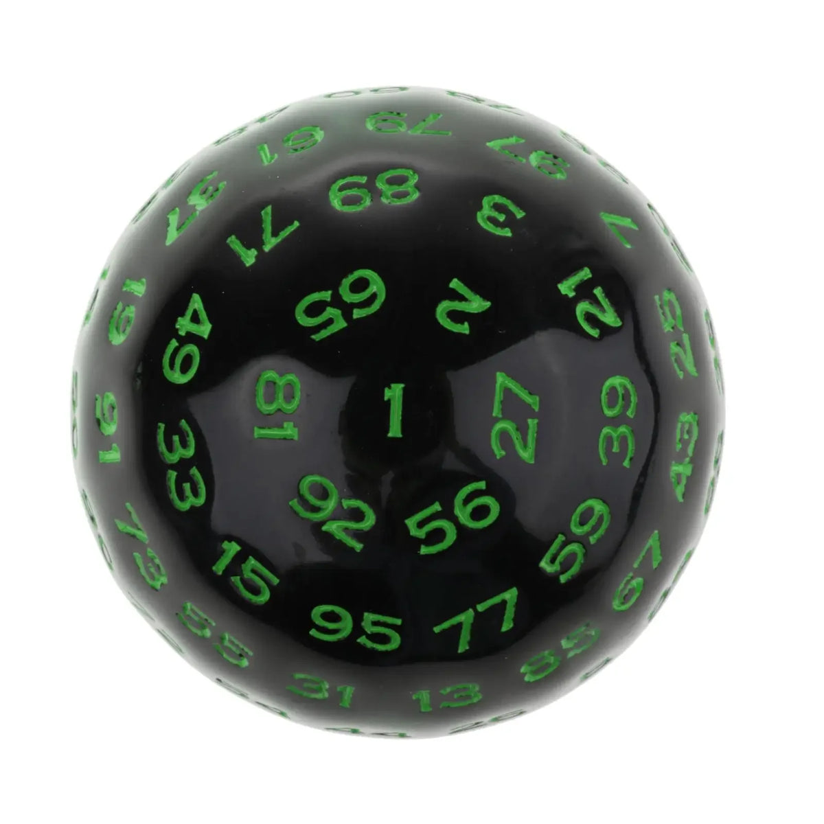 Acrylic 100-sided D100 polyhedral dice for tabletop RPG games, 48mm size, clear design with numbered faces.