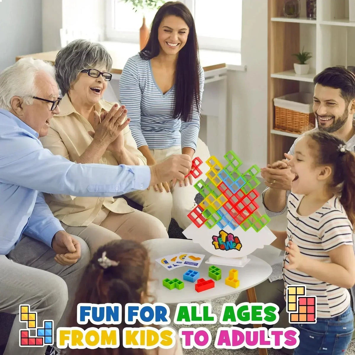 FanzyMarket Tetra Tower Balance Stacking Game, colorful wooden blocks for family and party fun, suitable for kids and adults.