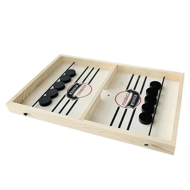 FanzyMarket wooden sling puck catapult board game for two players, family-friendly tabletop game for kids and adults.